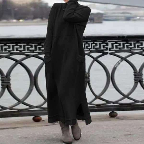 Damen nan langes Strickmaxikleid mit Seitenschlitzen und aufgesetzten Taschen Drune
