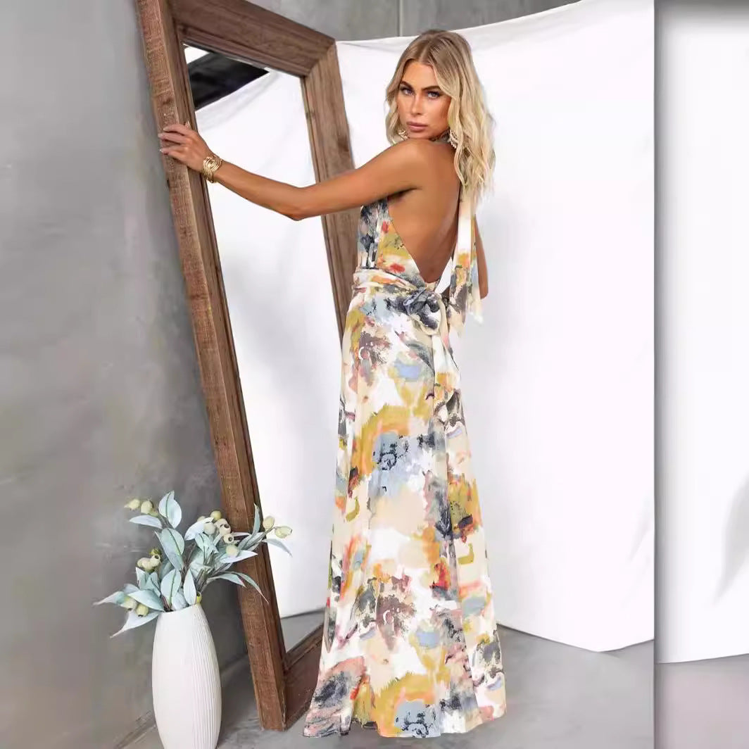Damen Maxikleid mit tiefem V-Ausschnitt und elegantem Bindegürtel Drune