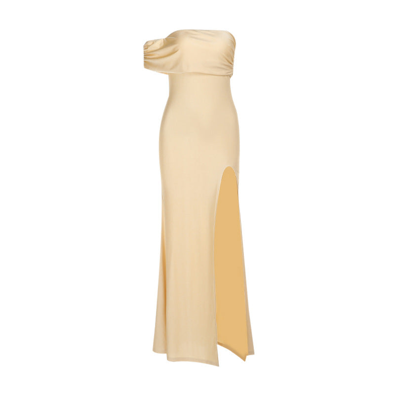Damen schulterfreies Maxikleid mit eleganter Drapierung und hohem Schlitz Drune