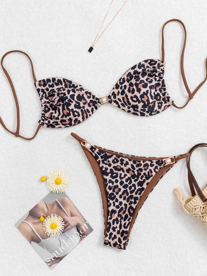 Damen Bikini-Set mit raffiniertem Leopardenmuster und eleganten Perlendetails Drune