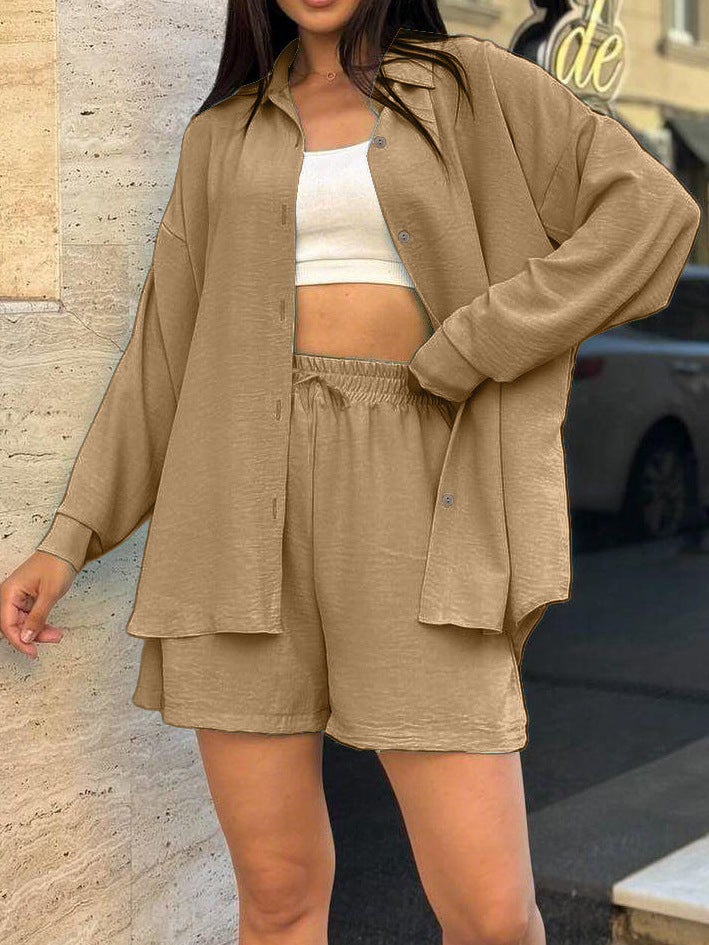Damen lässiger Overshirt-Set mit elastischem Bund und weit geschnittenen Shorts Drune