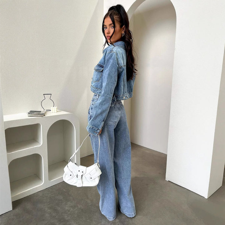 Damen nan High‑Waist Utility-Denimhose mit aufgesetzten Knie-Patches, Cargo‑Taschen und weitem Schlag Drune