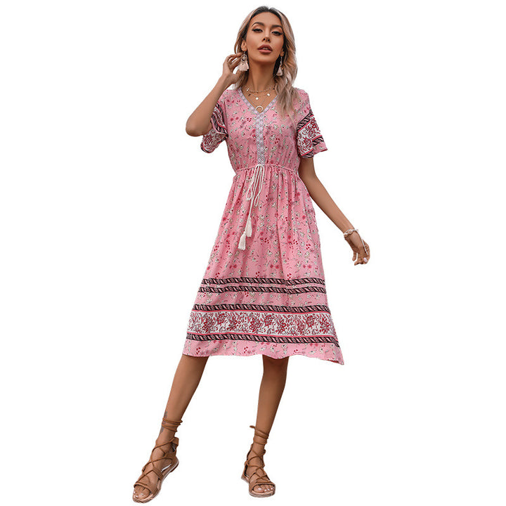 Damen Boho-inspiriertes Sommerkleid mit floralem Design und verspieltem Taillenzug Drune