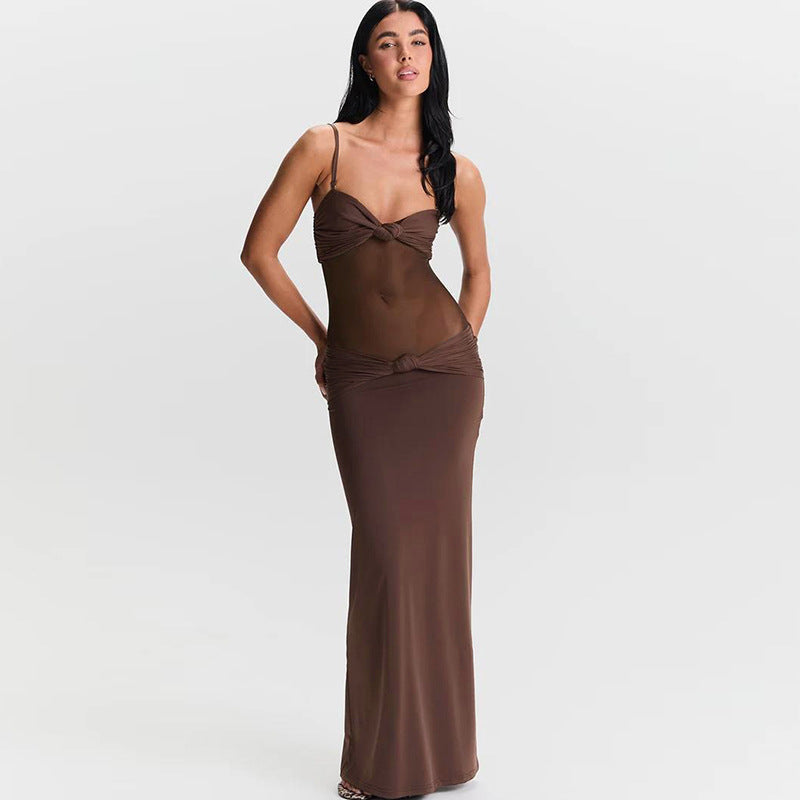 Damen Elegantes Maxikleid mit raffinierten Knotendetails und durchscheinendem Obermaterial Drune