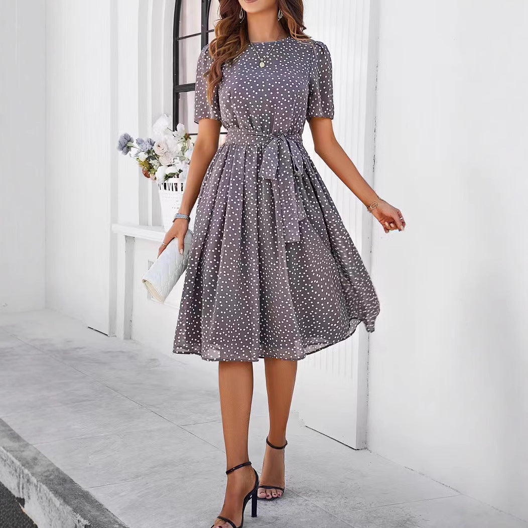 Damen Midikleid mit elegantem Punktedesign und Taillengürtel Drune