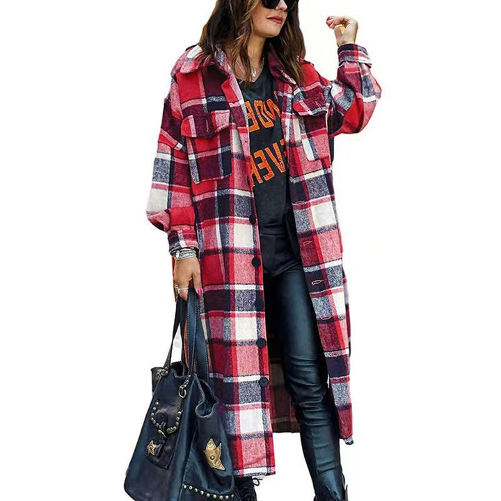 Damen Langarm-Wolljacke mit Karomuster und praktischen Taschen Drune