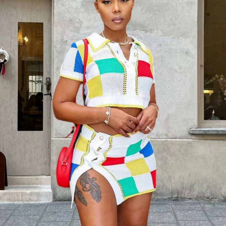 Damen Set aus modischem Crop-Top und figurbetonendem Rock mit Knopfdetails Drune