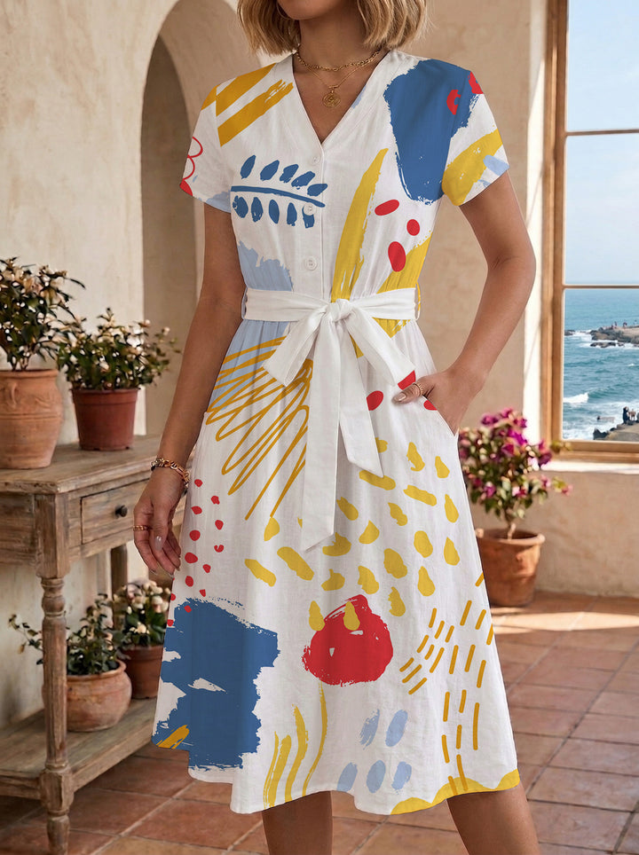Damen Midikleid mit farbenfrohem Blumendesign und taillierbarem Bindegürtel Drune