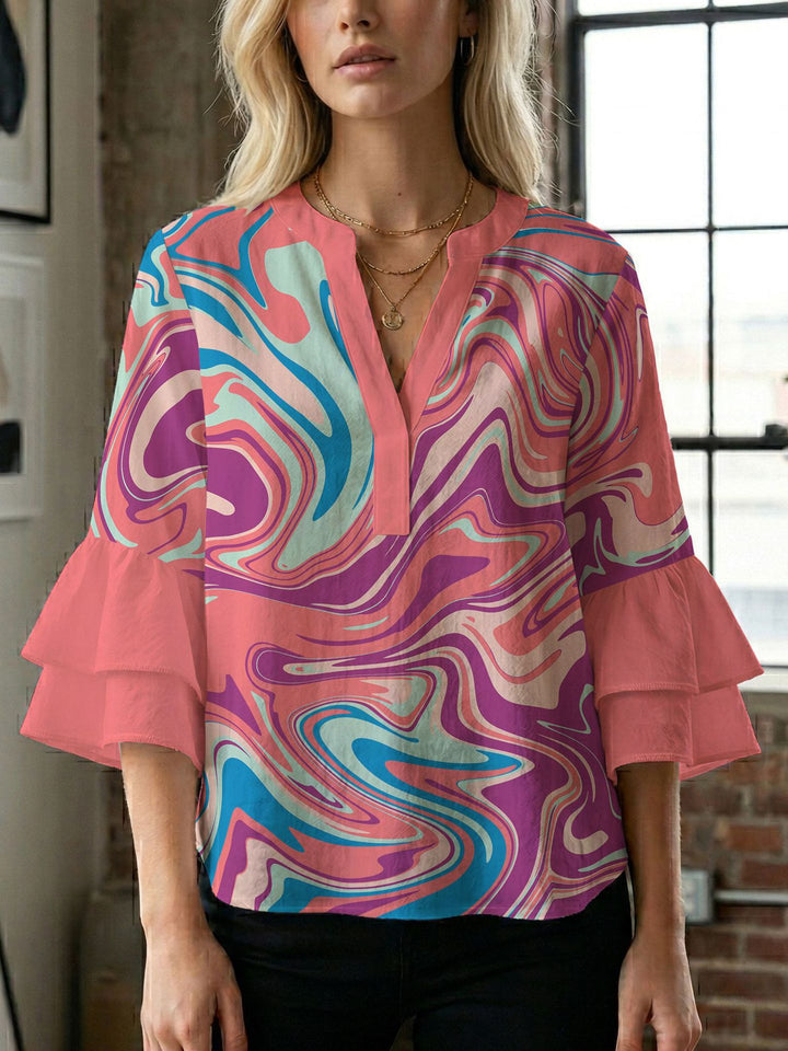 Damen Bluse mit voluminösen Flügelärmel und intensivem Blattmuster Drune