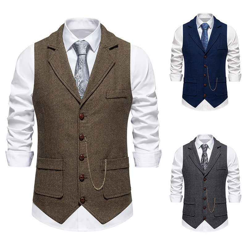 Herren nan Vintage-Weste mit Reverskragen Uhrenkette und Brusttasche Drune
