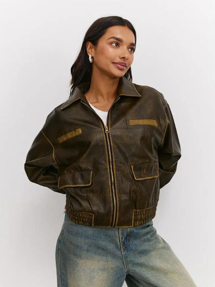 Damen modische Lederjacke mit praktischen Taschen und elastischem Saum Drune