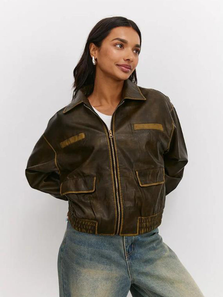 Damen modische Lederjacke mit praktischen Taschen und elastischem Saum Drune