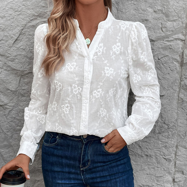 Damen Bluse mit floralem Stickdesign und eleganten Puffärmeln Drune