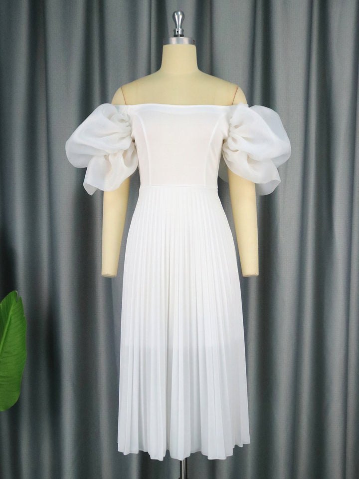 Damen elegantes Midikleid mit Puffärmeln und plissiertem Rock Drune