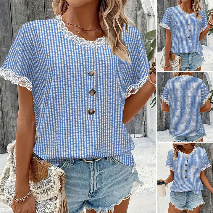 Damen nan kurzärmlige Vichykaro-Bluse mit Spitzenbesatz und dekorativer Knopfleiste Drune