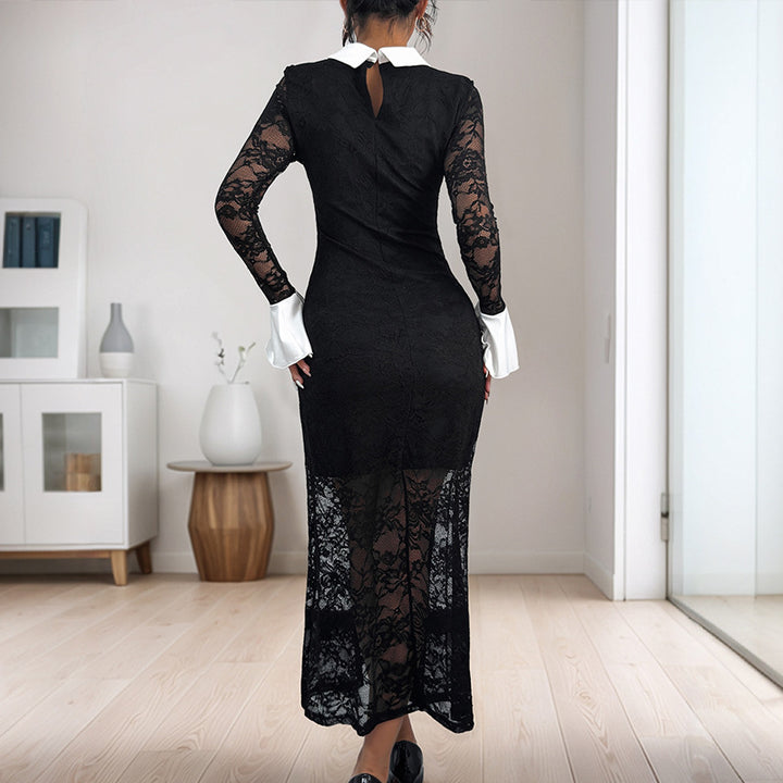 Damen Spitzenkleid mit dekorativem Kragen und transparenten Ärmeln Drune