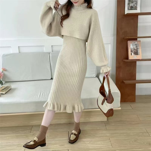 Damen Strickkleid mit hochgeschlossenem Kragen und Rippstruktur Drune