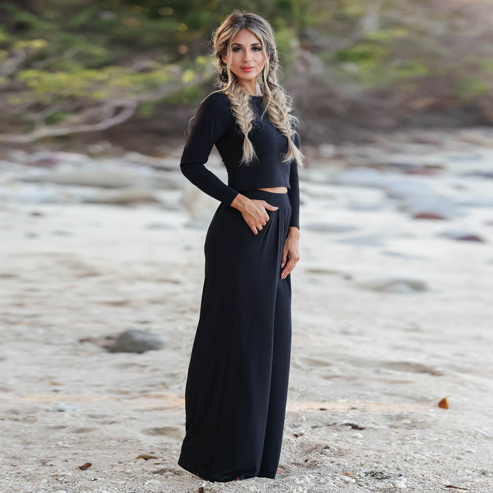 Damen Jumpsuit mit weitem Beinschnitt und langen Ärmeln Drune