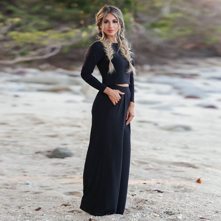 Damen Jumpsuit mit weitem Beinschnitt und langen Ärmeln Drune