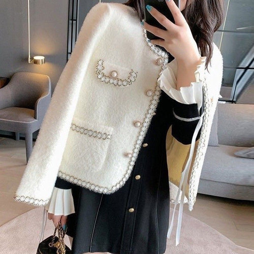 Damen elegante Bouclé-Jacke mit Perlenbesatz Drune