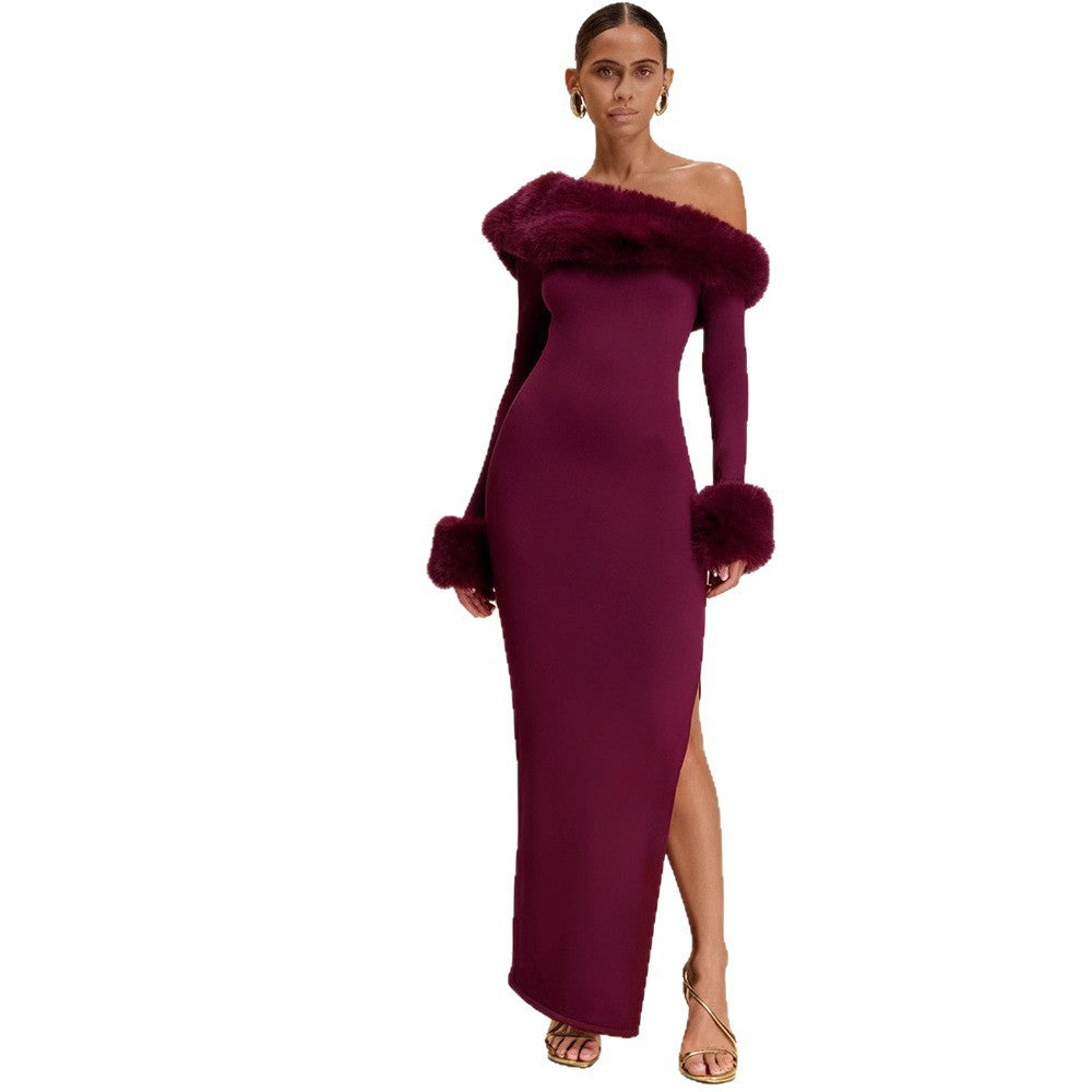 Damen Langarm-Maxikleid mit schulterfreier Optik und eleganten Fellakzenten Drune