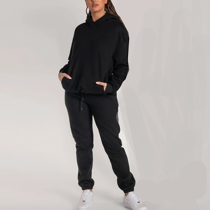 Damen Lässiger Hoodie-Trainingsanzug mit praktischen Taschen und elastischem Bund Drune