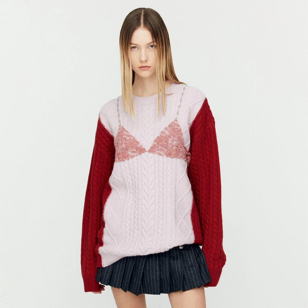 Damen Grobstrickpullover mit eleganten Spitzenakzenten und lässigem Schnitt Drune