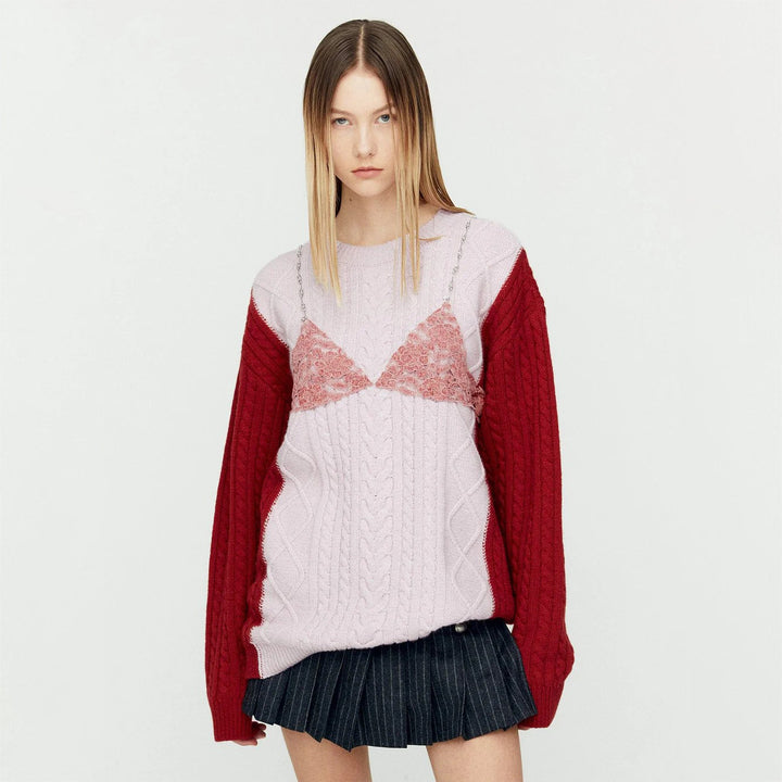 Damen Grobstrickpullover mit eleganten Spitzenakzenten und lässigem Schnitt Drune