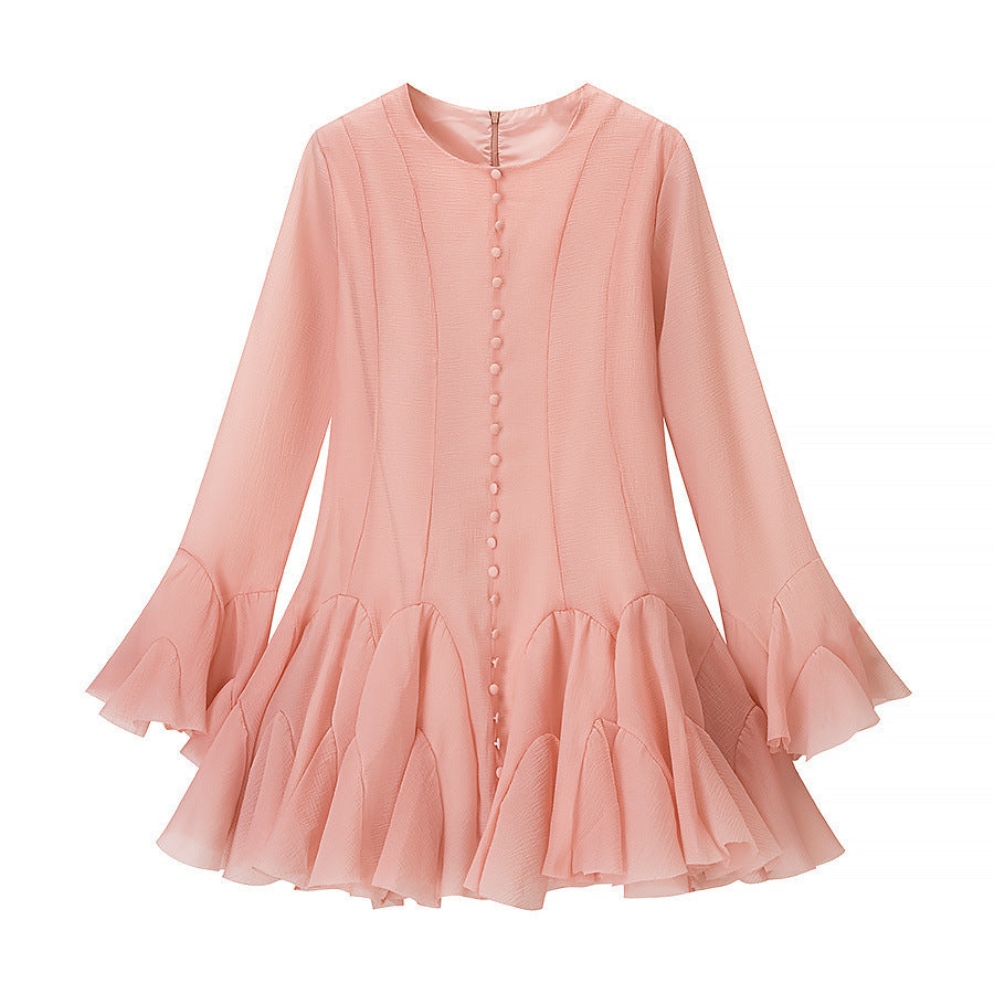 Damen Volantkleid mit langen Ärmeln und Knopfdetail Drune