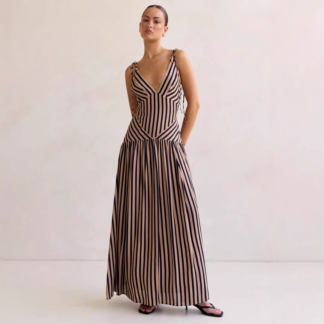 Damen Maxikleid mit tiefem V-Ausschnitt und elegantem Streifendesign Drune