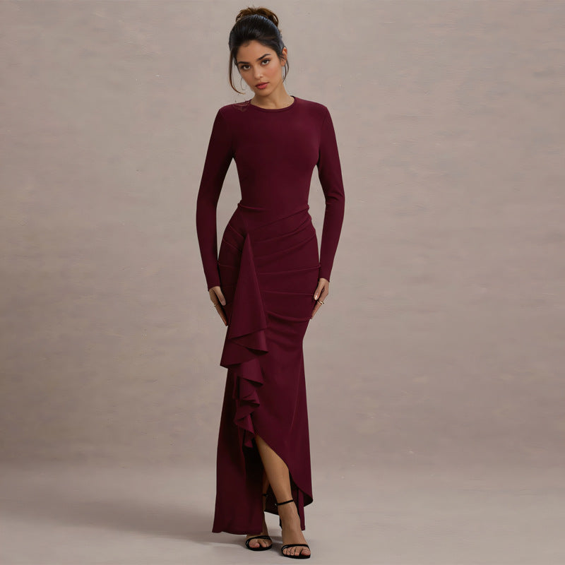 Damen elegantes Maxikleid mit asymmetrischem Rüscheneinsatz und langer Silhouette Drune