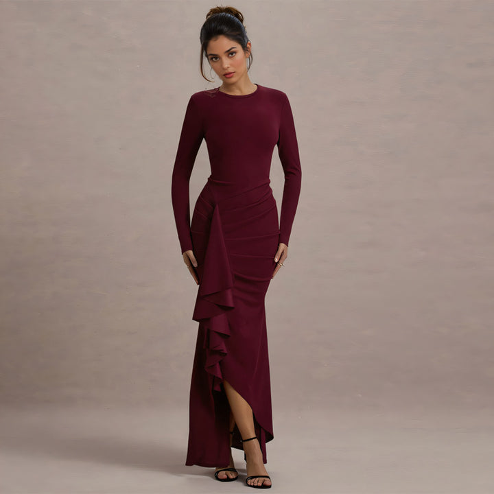Damen elegantes Maxikleid mit asymmetrischem Rüscheneinsatz und langer Silhouette Drune