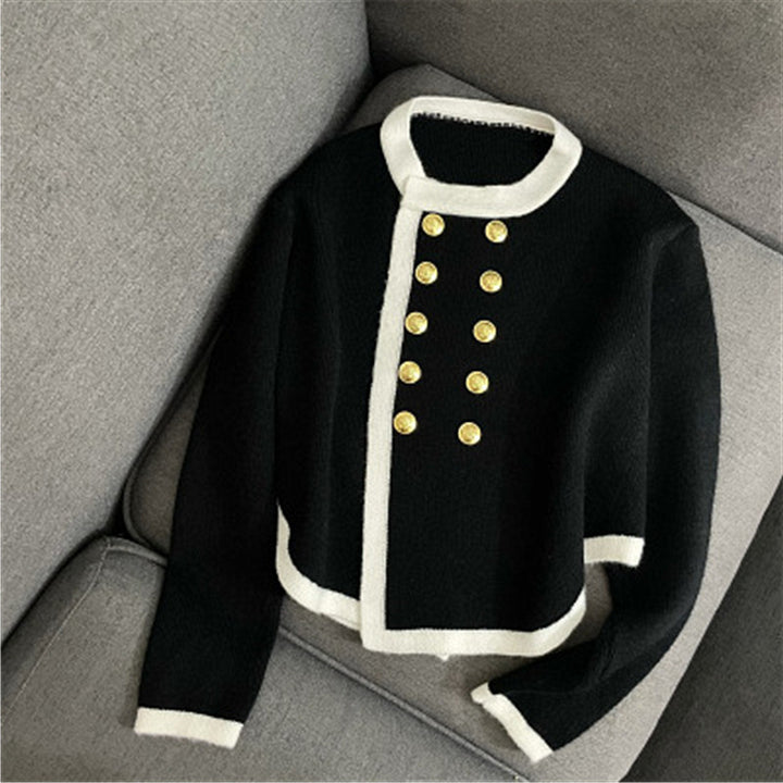 Damen elegante Strickjacke mit goldenen Knopfdetails und Kontrastbesatz Drune