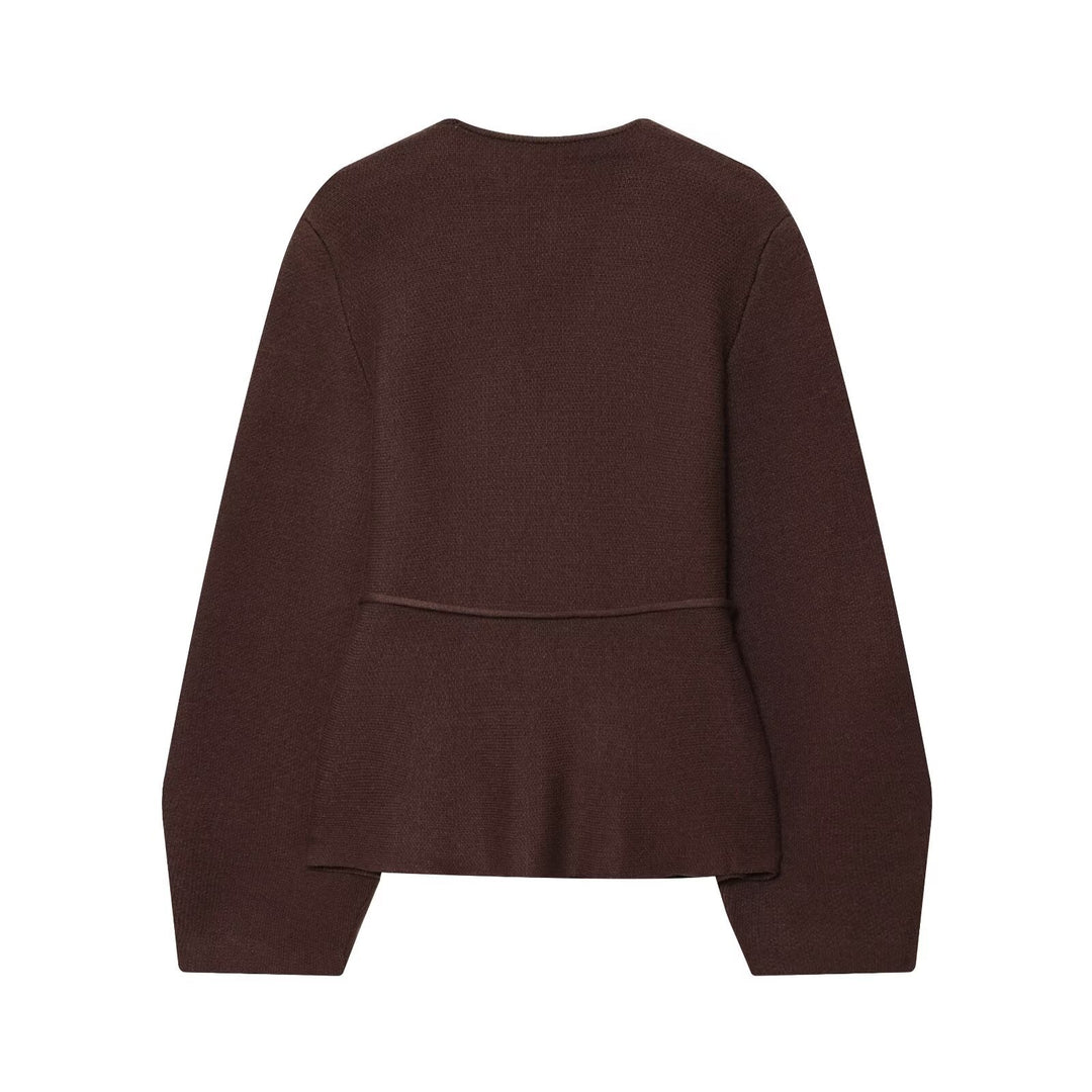 Damen elegante Strickjacke mit tailliertem Schnitt und Bindegürtel Drune