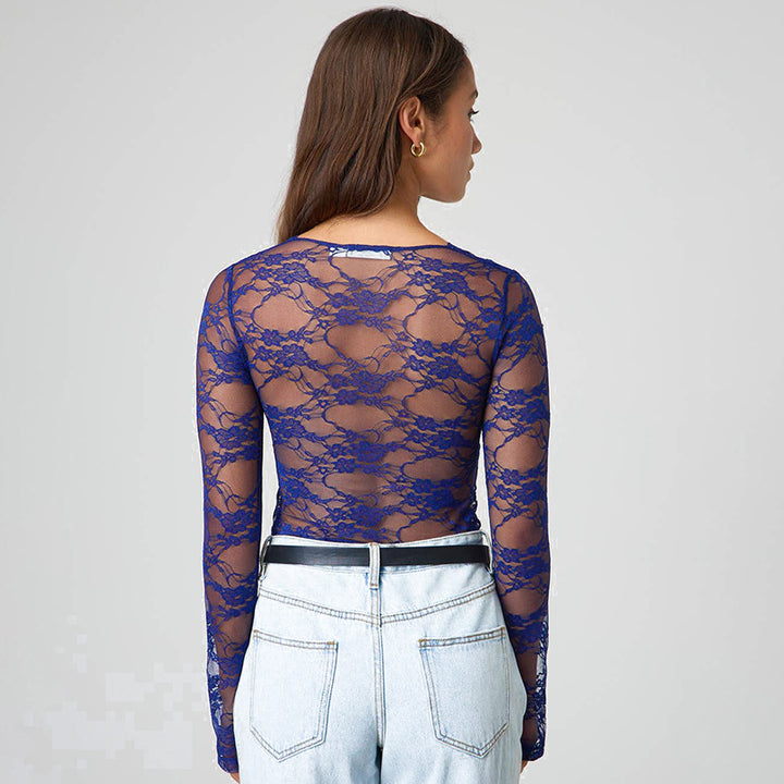 Damen Durchsichtiges Spitzenlangarmbodysuit Drune