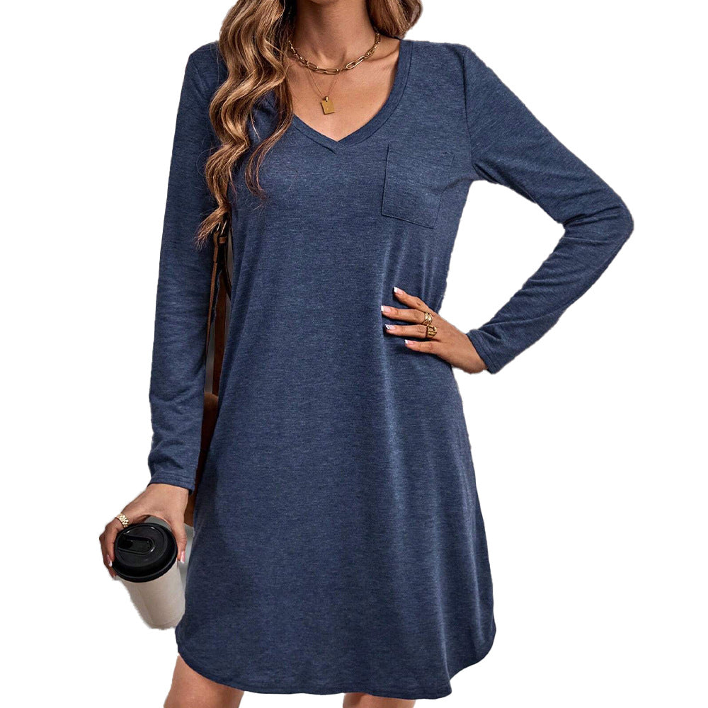 Damen lässiges V-Ausschnitt Kleid mit langen Ärmeln und Taschen Drune