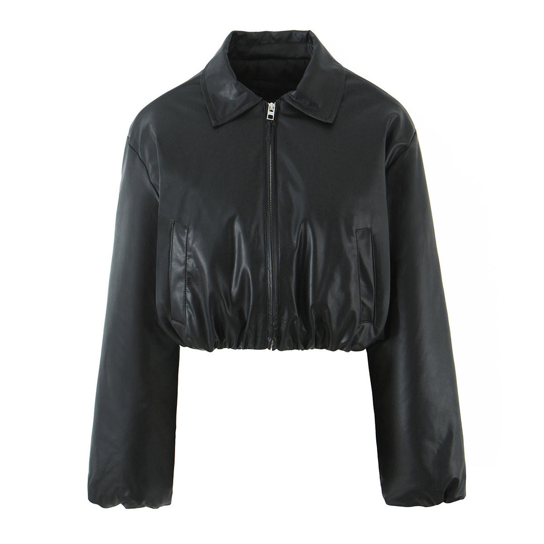 Damen cropped Kunstlederjacke mit elastischem Bund und klassischem Stehkragen Drune