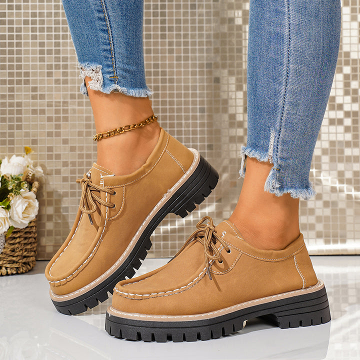 Damen elegante Derby-Schnürer aus Lederimitat mit Mokassinnaht und grober Profilsohle Drune