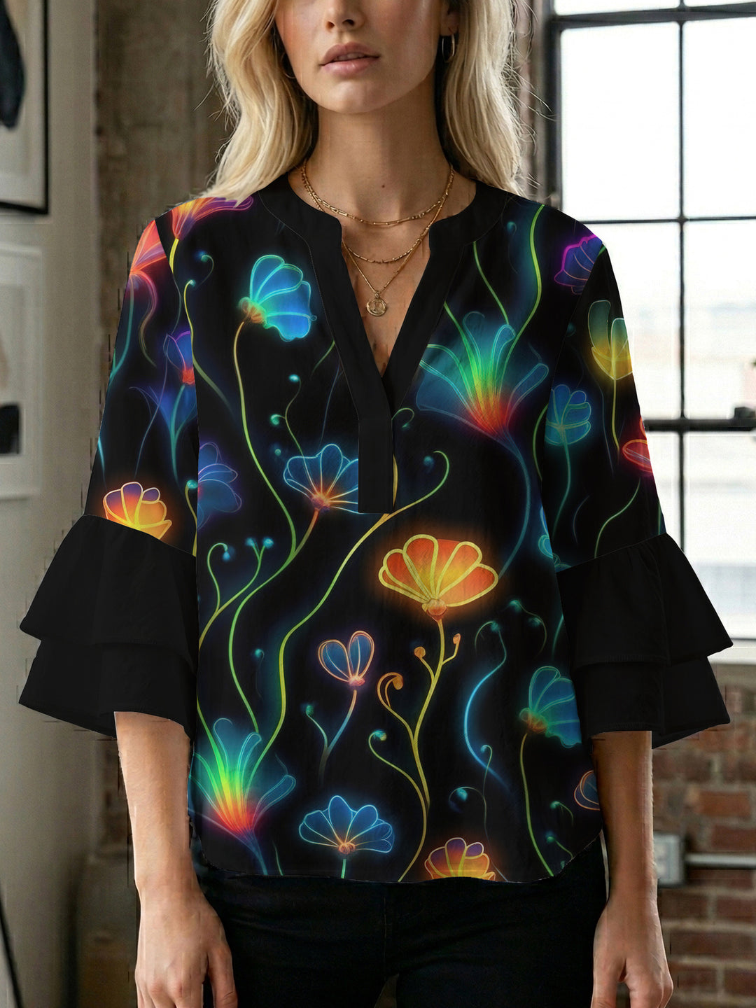 Damen Bluse mit voluminösen Rüschenärmeln und floralem Muster Drune