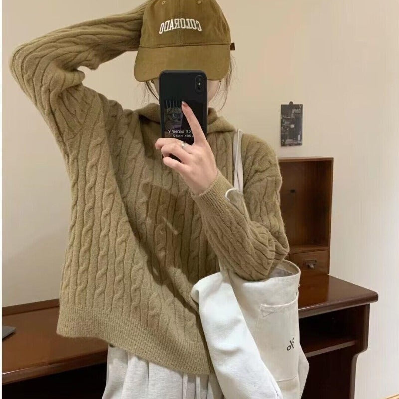 Damen Kuscheliger Strickpullover mit Kapuze und Kabelmuster Drune