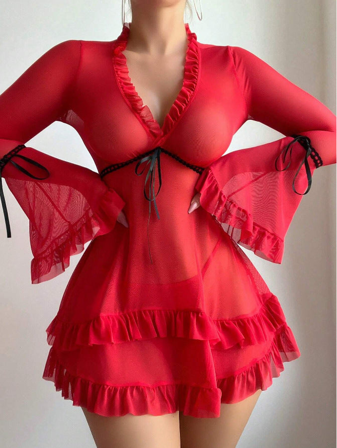 Damen transparentes Strandkleid mit voluminösen Rüschen und langen Ärmeln Drune