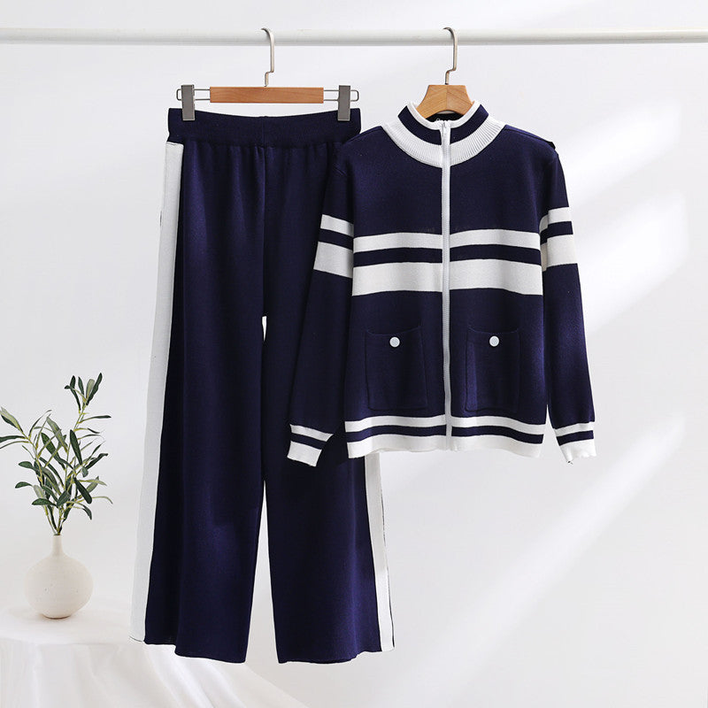 Damen sportliches Strick-Loungewear-Set mit geripptem Design und praktischen Taschen Drune