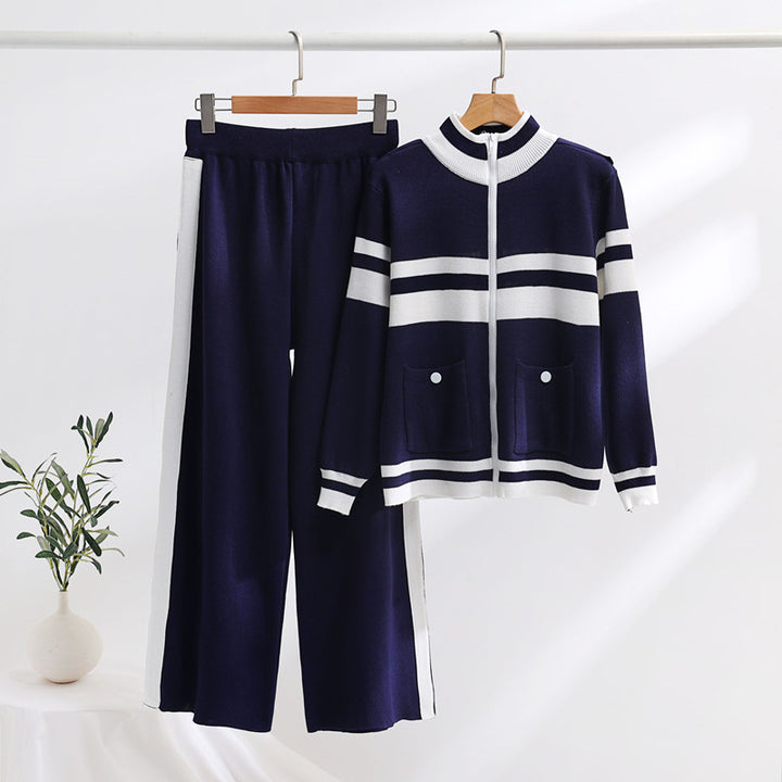 Damen sportliches Strick-Loungewear-Set mit geripptem Design und praktischen Taschen Drune