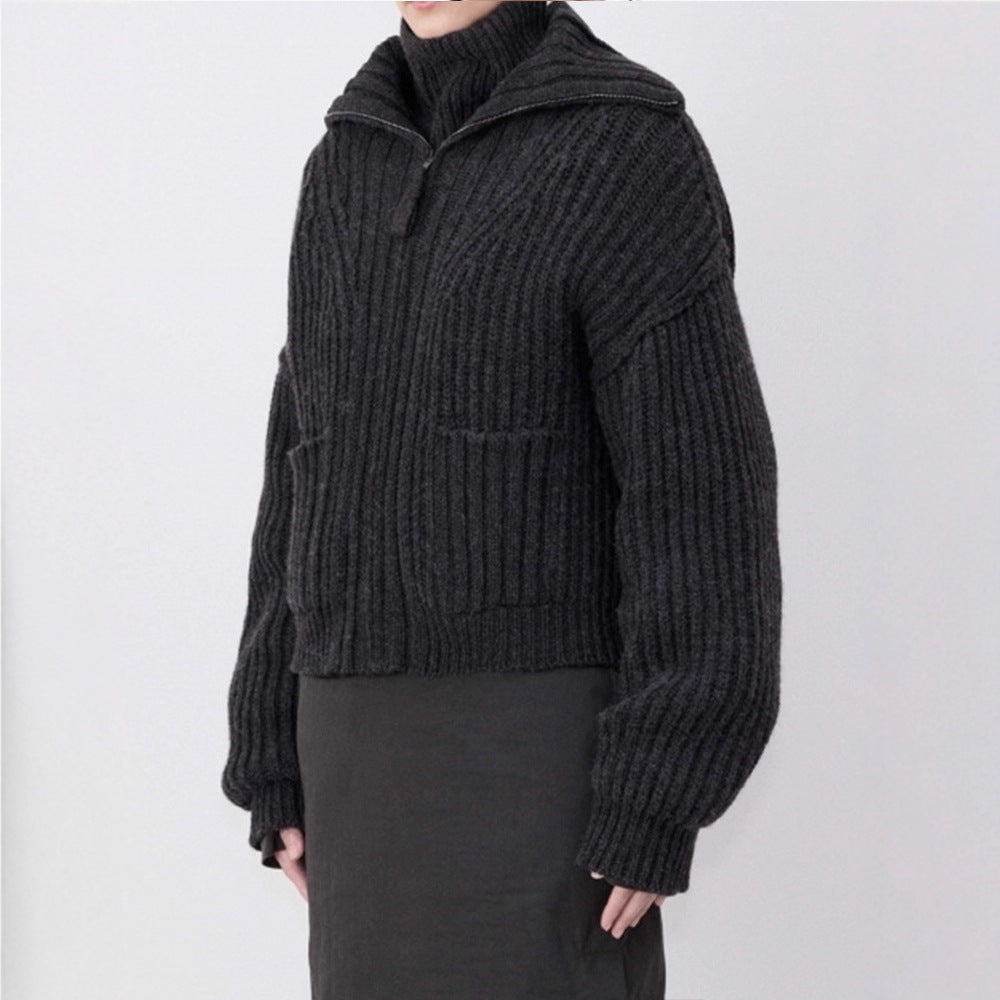Damen modischer Grobstrickpullover mit hohem Kragen und praktischen Taschen Drune