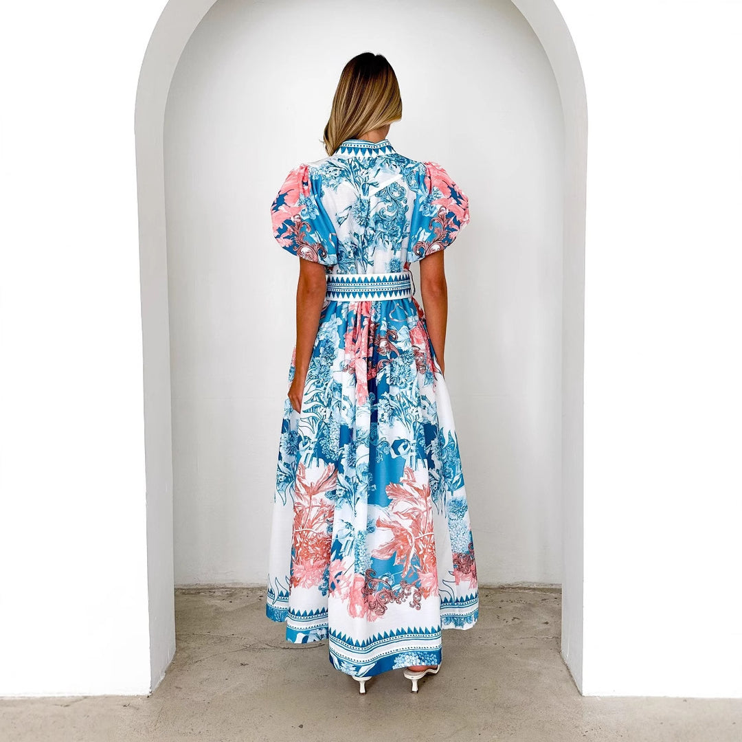Damen Elegantes Maxikleid mit floralen Mustern und voluminösen Ärmeln Drune