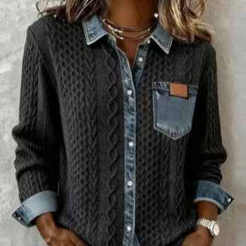 Damen nan geflochtener Strickpullover mit integriertem Jeanskragen und Brusttasche Drune