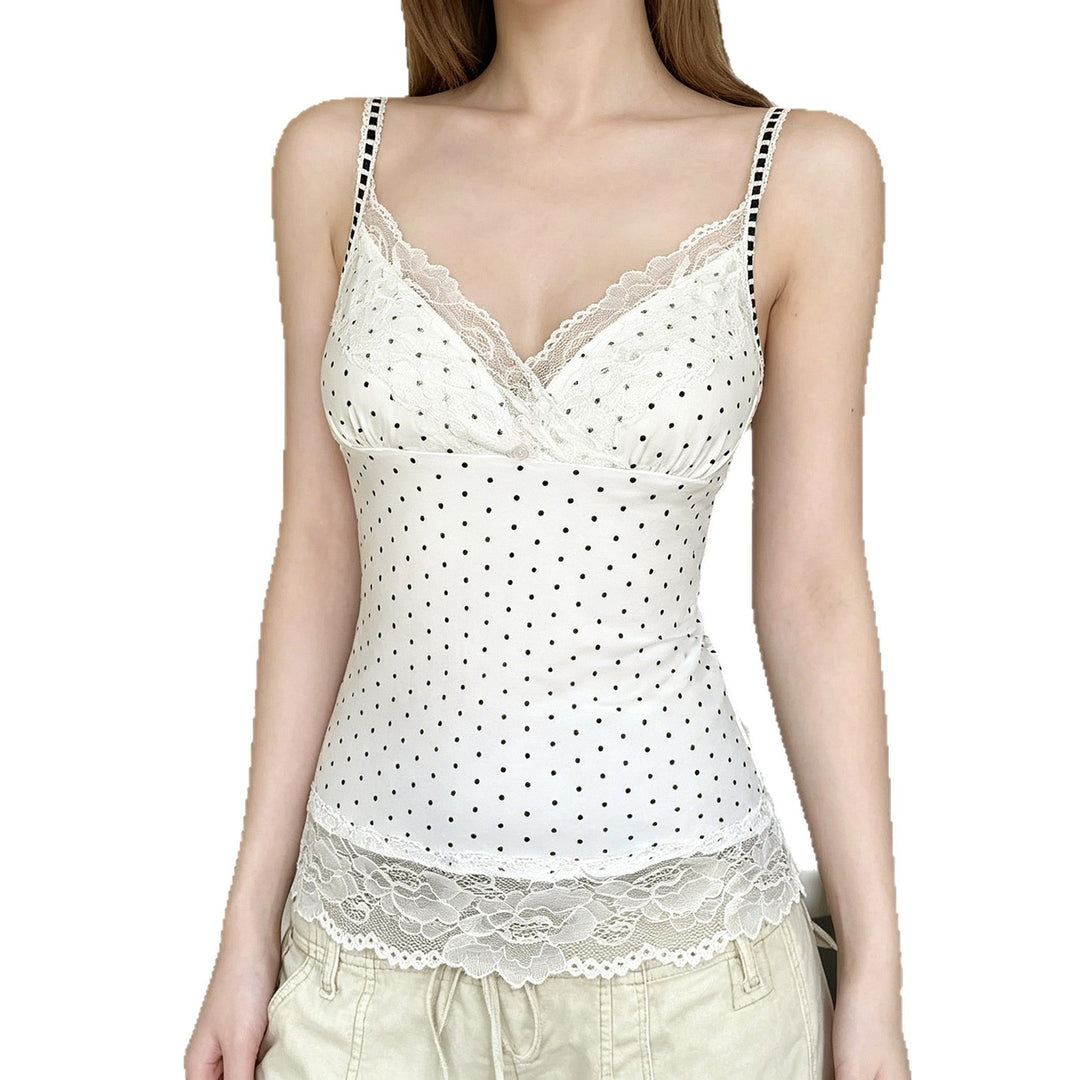 Damen Spaghetti-Trägertop mit floralen Spitzenakzenten und Polka-Punkten Drune