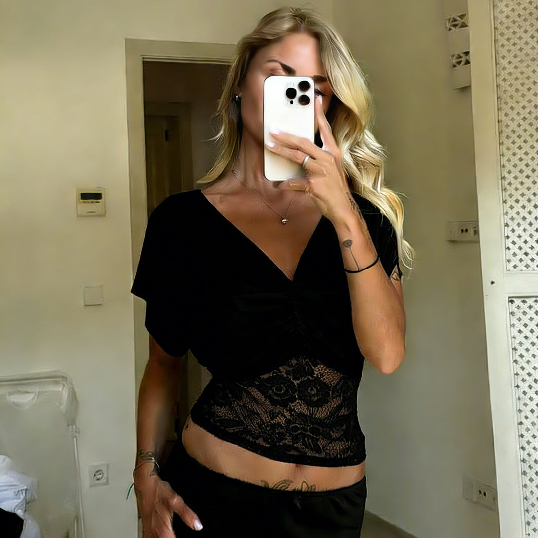 Damen elegantes Oberteil mit Spitze und Raffung Drune