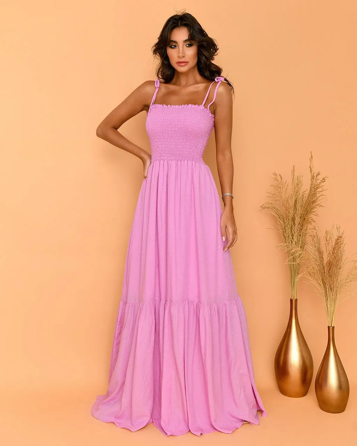 Damen luftiges Maxikleid mit Spaghetti-Trägern und Rüschendetails Drune