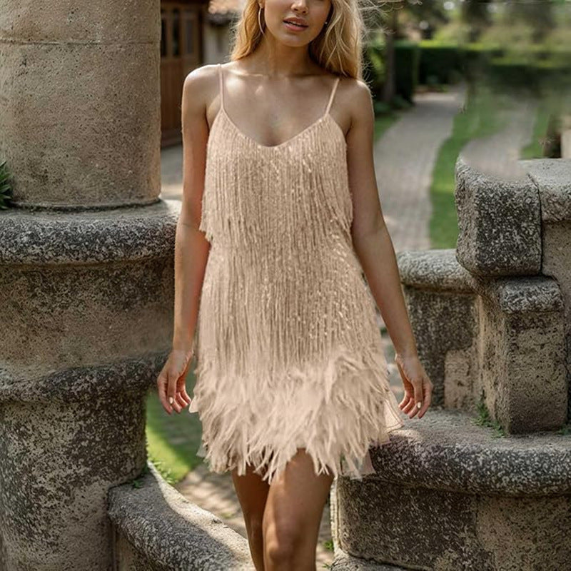 Damen Fransenminikleid mit süßem V-Ausschnitt und verführerischem Design Drune